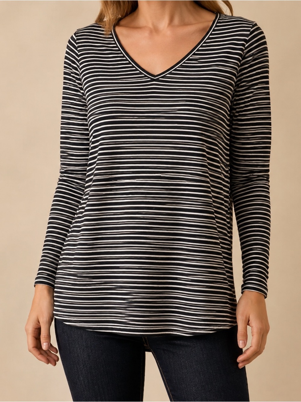 Zenana Outfitters Striped V-Neck Tunic Top L